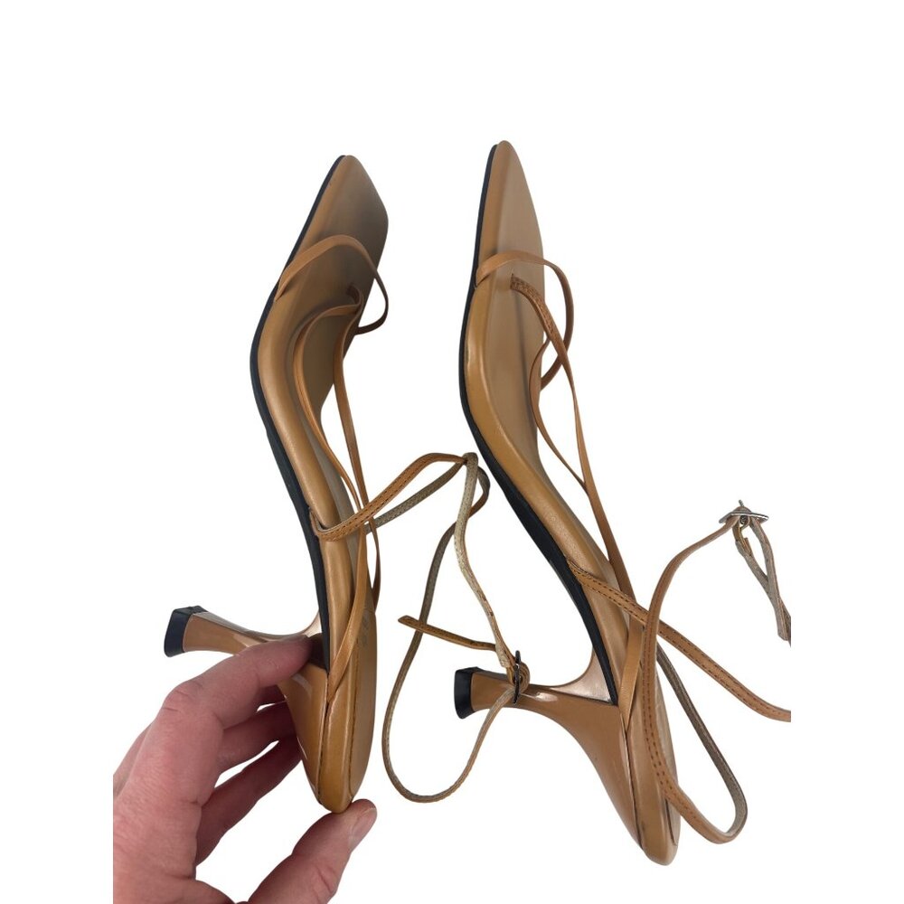 Jeffrey Cambpell Women's 9.5 Fluxx Tan Strappy Square Open Toe Kitten Heel Pumps - Picture 9 of 11
